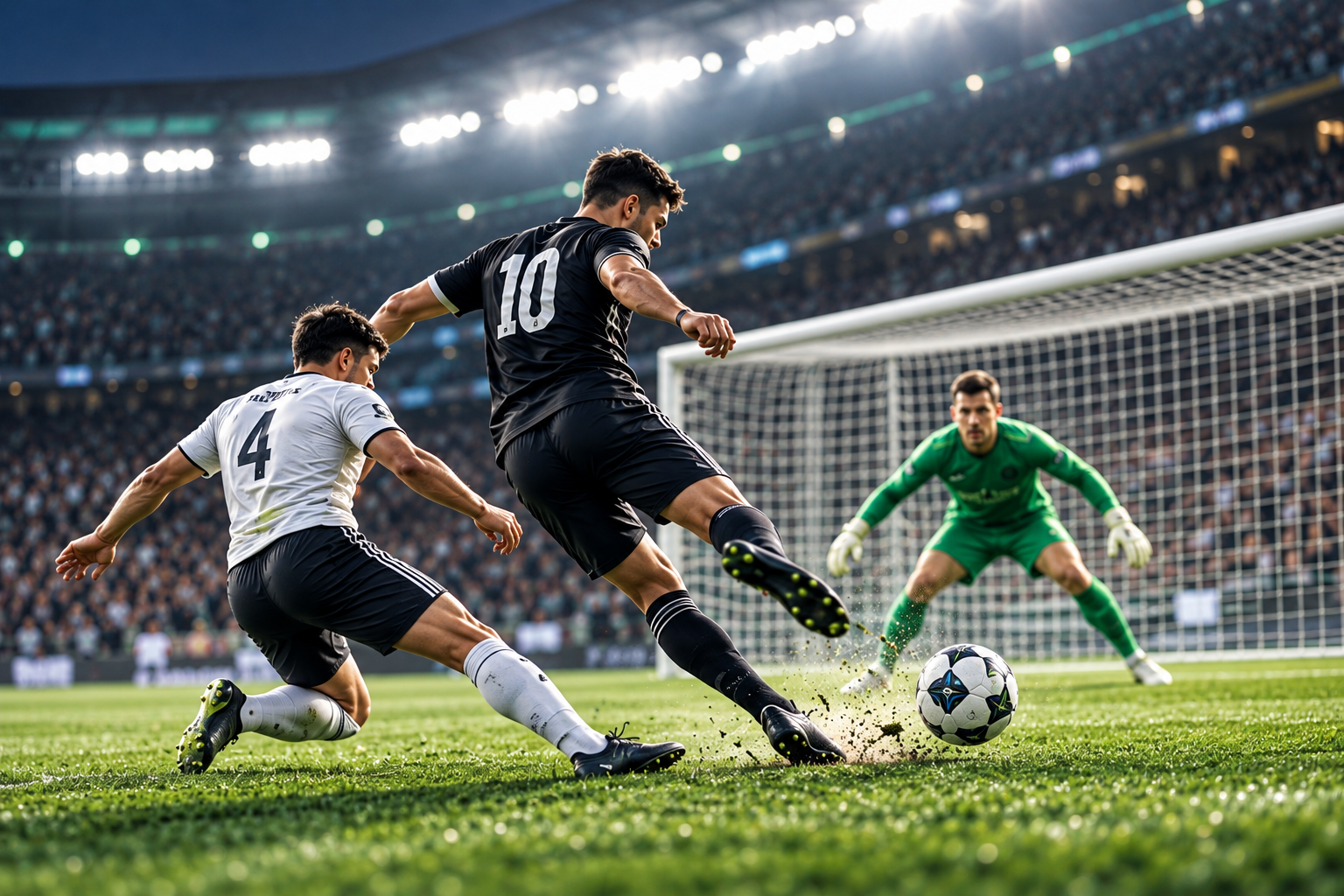Jogador fictício finalizando ao gol, com um defensor e um goleiro